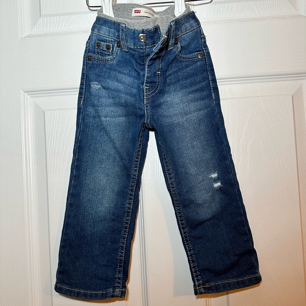 Levis 514 Straight Leg Toddler Jeans Medium Wash Distressed Elastic Waist 18M